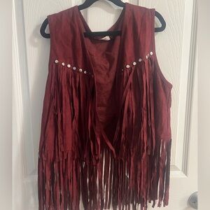 Women's Burgundy Fringe Vest with Stud Detail